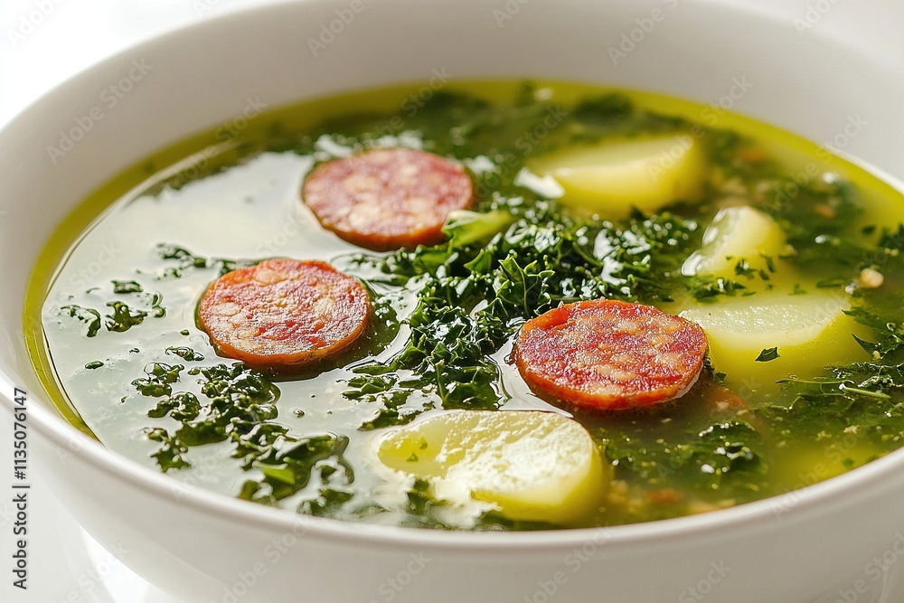 A bowl of caldo verde (Portuguese green soup) with kale, potatoes, and chorizo slices. A bowl of caldo verde (Portuguese green soup) with kale, potatoes, and chorizo slices.