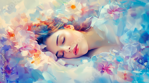 Fototapeta Naklejka Na Ścianę i Meble -  Relaxed beautiful woman sleeping on dreamy flowers watercolor paint illustration, pastel vivid beauty colors, oil brush strokes blue tone, generative ai. Blissful. Illustration