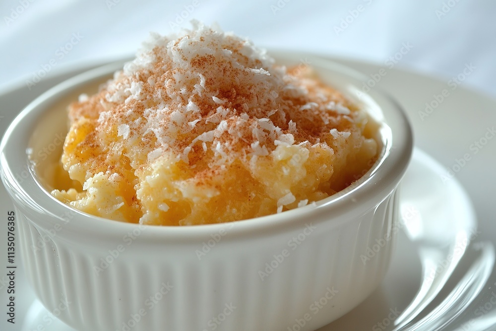 A bowl of Brazilian canjica (corn pudding) topped with cinnamon and grated coconut. A bowl of Brazilian canjica (corn pudding) topped with cinnamon and grated coconut.