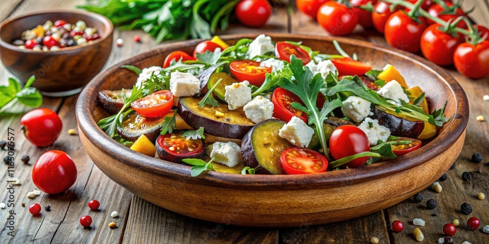 Night Photography: Eggplant Salad with Tomatoes, Arugula & Feta - Delicious Recipe Night Photography: Eggplant Salad with Tomatoes, Arugula & Feta - Delicious Recipe