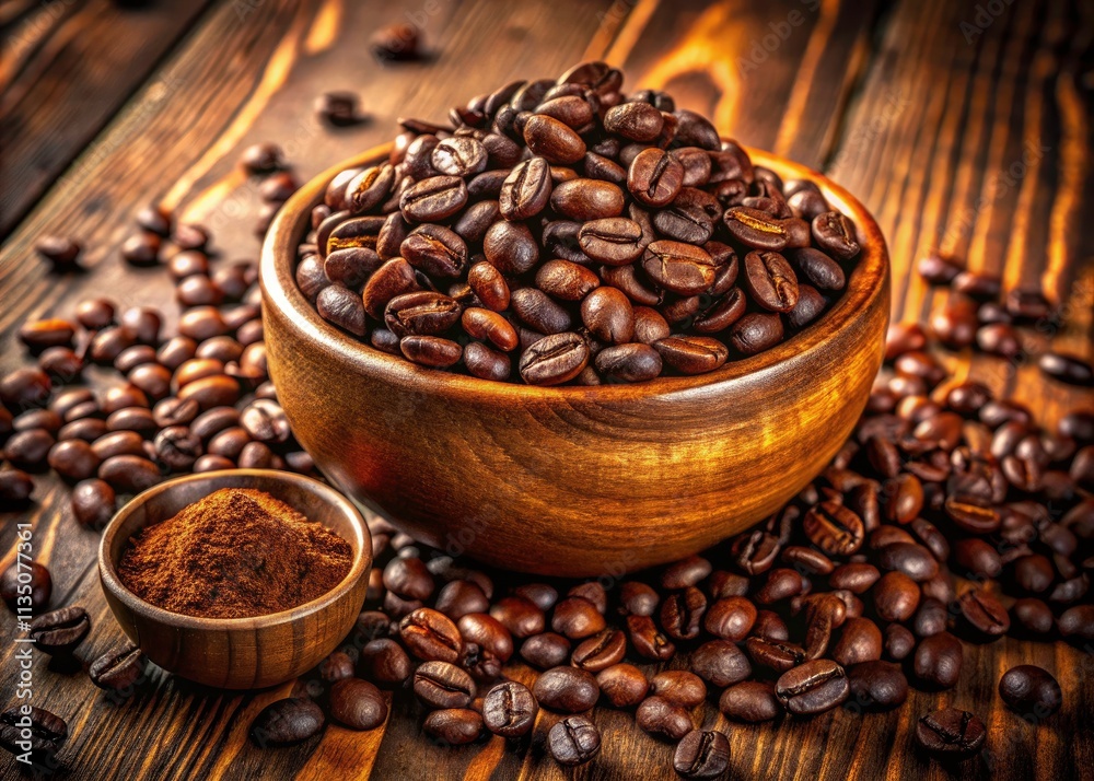 Fototapeta premium Panoramic Coffee Bean Bowl Photo: Ground Coffee in Wooden Bowl, Rustic Coffee Still Life, Coffee Photography, High-Resolution Image, Panoramic View