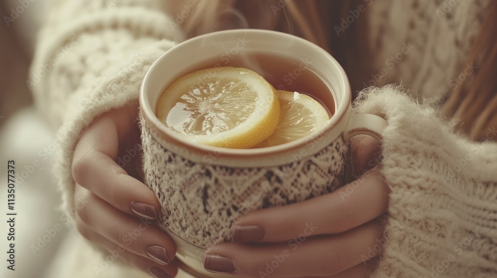 Woman Hands Holding Warm Lemon Tea Mug Woman Hands Holding Warm Lemon Tea Mug