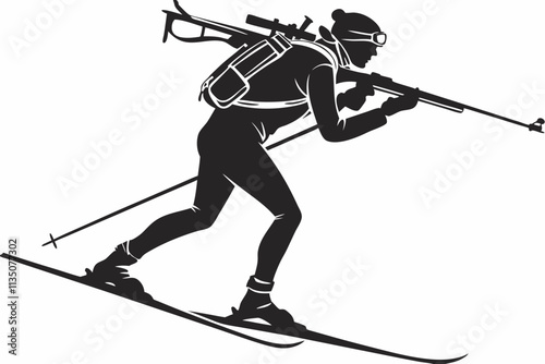 Biathlete Skiing with Rifle, Skier carrying a rifle on their back, mid-motion vector silhouette on a white background