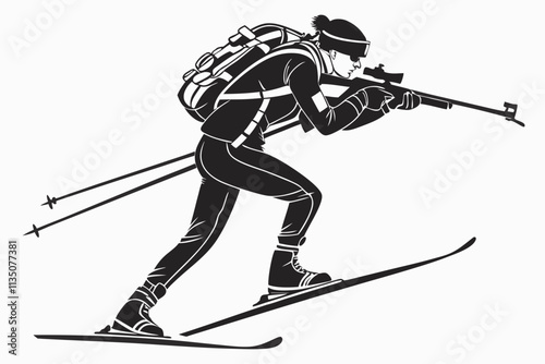 Biathlete Skiing with Rifle, Skier carrying a rifle on their back, mid-motion vector silhouette on a white background