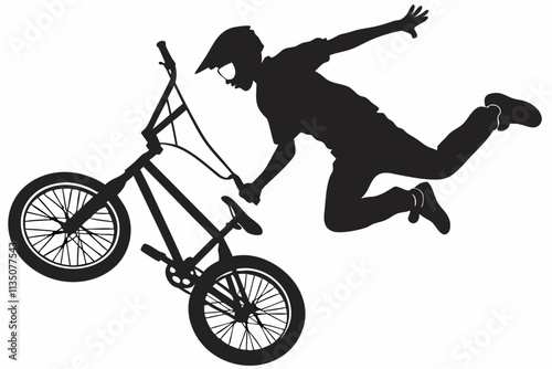 BMX Bicycle, Compact bike with a rider mid-trick, arms or legs extended vector silhouette on a white background