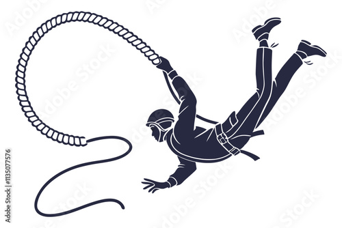 Bungee Jumper, Silhouette of a figure in freefall with a coiled rope trailing behind vector silhouette on a white background