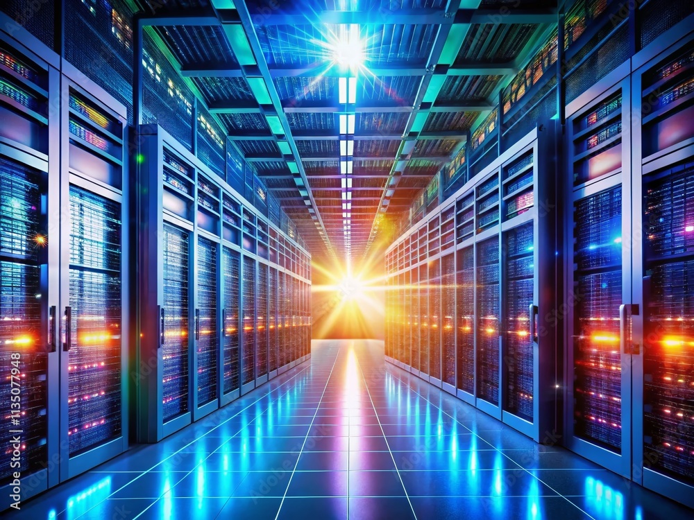 Modern Data Center with Shiny Servers Illuminated by Natural Light, Showcasing Advanced Technology and Energy Efficiency in a Contemporary Workspace Environment Modern Data Center with Shiny Servers Illuminated by Natural Light, Showcasing Advanced Technology and Energy Efficiency in a Contemporary Workspace Environment