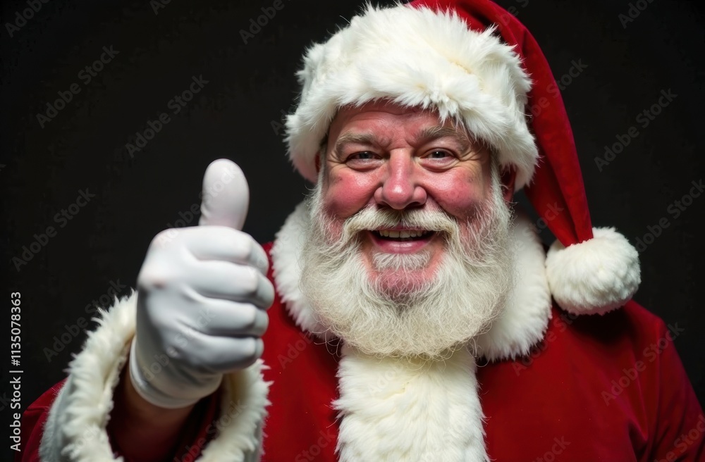 A cheerful Santa Claus with a white beard and red suit gives a thumbs up, smiling warmly against a dark background