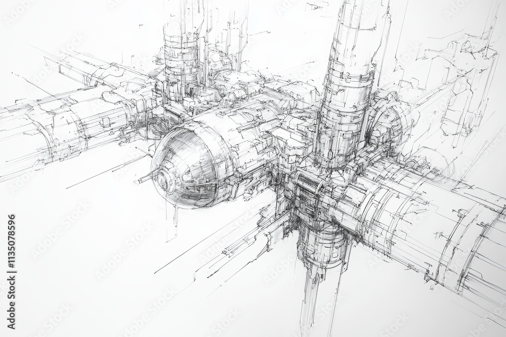 Fototapeta premium A detailed sketch of a futuristic space station showcasing intricate structural components and interconnected modules in orbit, drawn with a technical and minimalist style