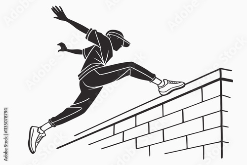 Parkour Jumping
A figure mid-air, performing a vault or leap over a wall, emphasizing dynamic movement and urban agility vector silhouette on a white background