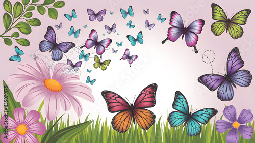 Springtime theme greeting card. Colorful butterflies on light pink background. A whimsical illustration of butterflies fluttering among vibrant pink and white flowers on a soft pink background. photo