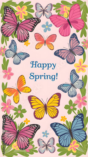 Springtime theme greeting card. Colorful butterflies on light pink background. A whimsical illustration of butterflies fluttering among vibrant pink and white flowers on a soft pink background. photo