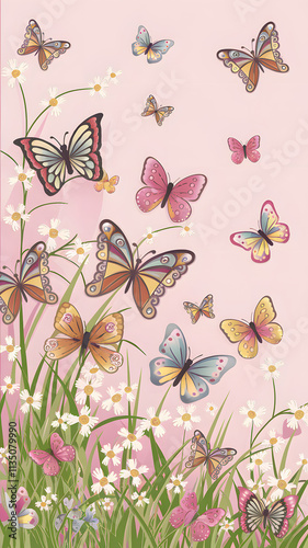 Springtime theme greeting card. Colorful butterflies on light pink background. A whimsical illustration of butterflies fluttering among vibrant pink and white flowers on a soft pink background. photo