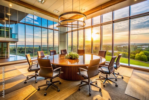 Modern office conference room featuring sleek glass walls  contemporary furniture  and a spacious layout  ideal for collaborative meetings and professional discussions in a corporate environment.