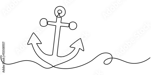 Anchor continuous one line drawing vector illustration. Premium vector, Continuous line drawing of sea anchor, Large sea anchor of the ship. Set of sea ocean elements. Continuous one line drawing. 