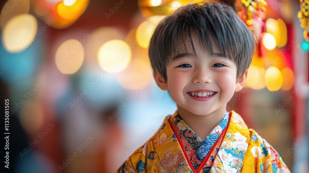 Young Japanese boy with traditional attire and a playful smile.