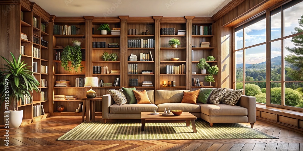 Modern Panoramic Photography of a Wooden Bookshelf Filled with Books and Decor, Featuring a Cozy Sofa Set by the Window in Brown Tones for Home Interior Inspiration Modern Panoramic Photography of a Wooden Bookshelf Filled with Books and Decor, Featuring a Cozy Sofa Set by the Window in Brown Tones for Home Interior Inspiration
