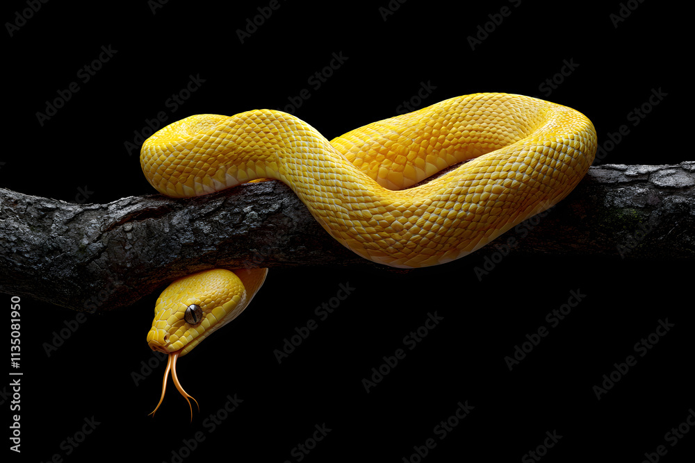 vGolden yellow snake coiled on a branch, striking close-up of vibrant scales, black background, exotic reptile showcasing natural beauty, perfect for wildlife, nature, and animal themes