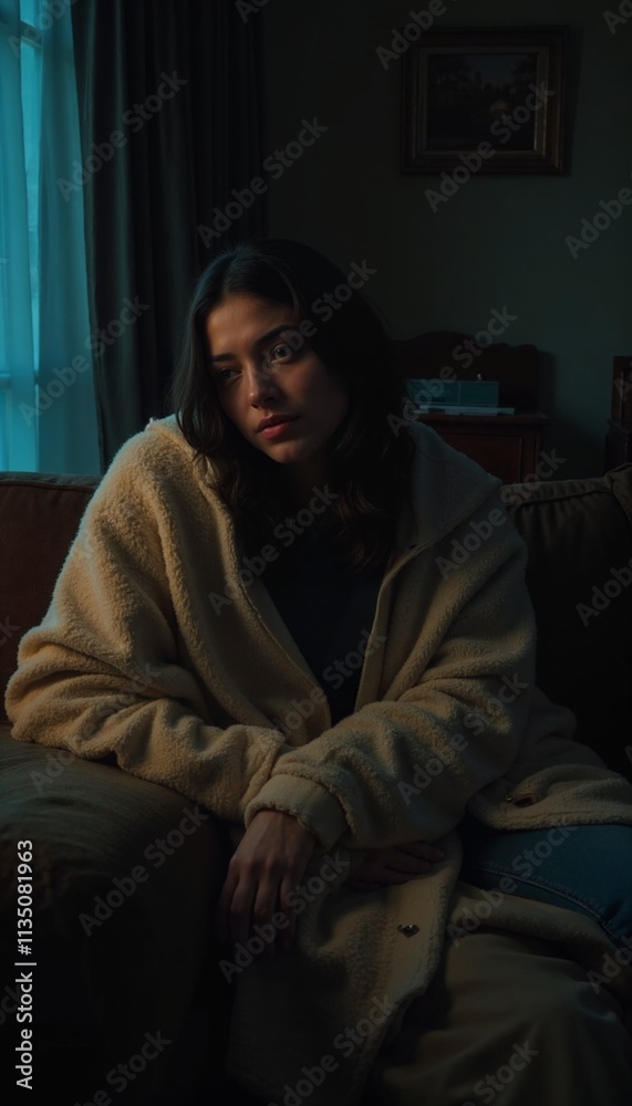 Pensive young woman in a cozy blanket sitting on a sofa with a thoughtful expression in dim lighting
Pensive young woman in a cozy blanket sitting on a sofa with a thoughtful expression in dim lighting