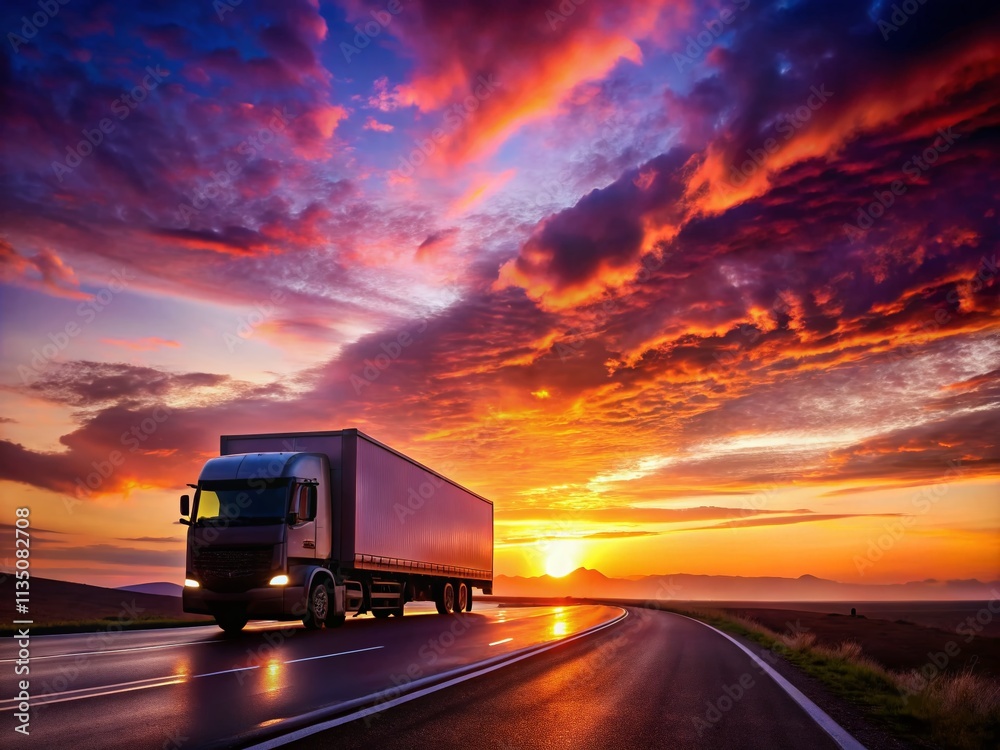 Modern Truck Driving on the Road at Sunset - Capturing the Essence of Adventure and Freedom in a Stunning Silhouette Photography Scene Modern Truck Driving on the Road at Sunset - Capturing the Essence of Adventure and Freedom in a Stunning Silhouette Photography Scene