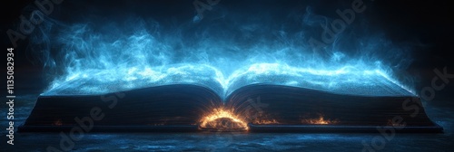 Glowing book with magical blue flames. photo