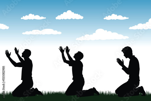 Silhouette of a person praying.
Three men praying at the altar.
Catholic prayer, priest praying.  