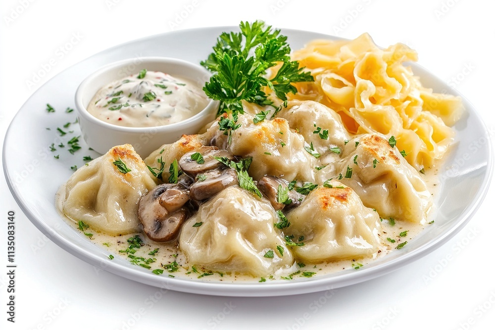 A plate of Austrian knÃdel (dumplings) served with a side of creamy mushroom sauce and garnished with parsley. A plate of Austrian knÃdel (dumplings) served with a side of creamy mushroom sauce and garnished with parsley.