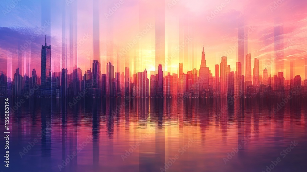 Sunrise skyline panorama, panoramic view of a city skyline at dawn, with colors gradually filling the sky Sunrise skyline panorama, panoramic view of a city skyline at dawn, with colors gradually filling the sky