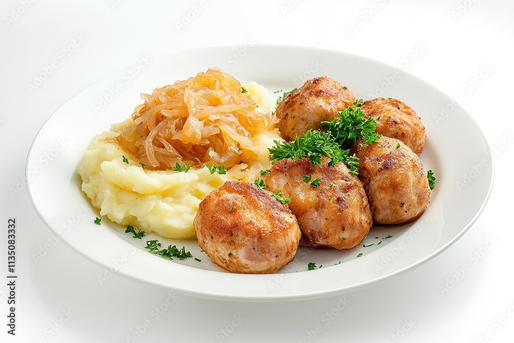 A plate of Polish kotlet schabowy (breaded pork cutlet) served with mashed potatoes and a side of sauerkraut, garnished with parsley. A plate of Polish kotlet schabowy (breaded pork cutlet) served with mashed potatoes and a side of sauerkraut, garnished with parsley.