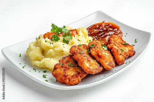  A plate of Polish kotlet schabowy (breaded pork cutlet) served with mashed potatoes and a side of sauerkraut, garnished with parsley.