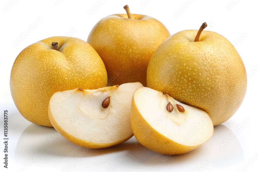 Russet nashi pears, sliced and halved, artfully arranged against a clean white background. Russet nashi pears, sliced and halved, artfully arranged against a clean white background.