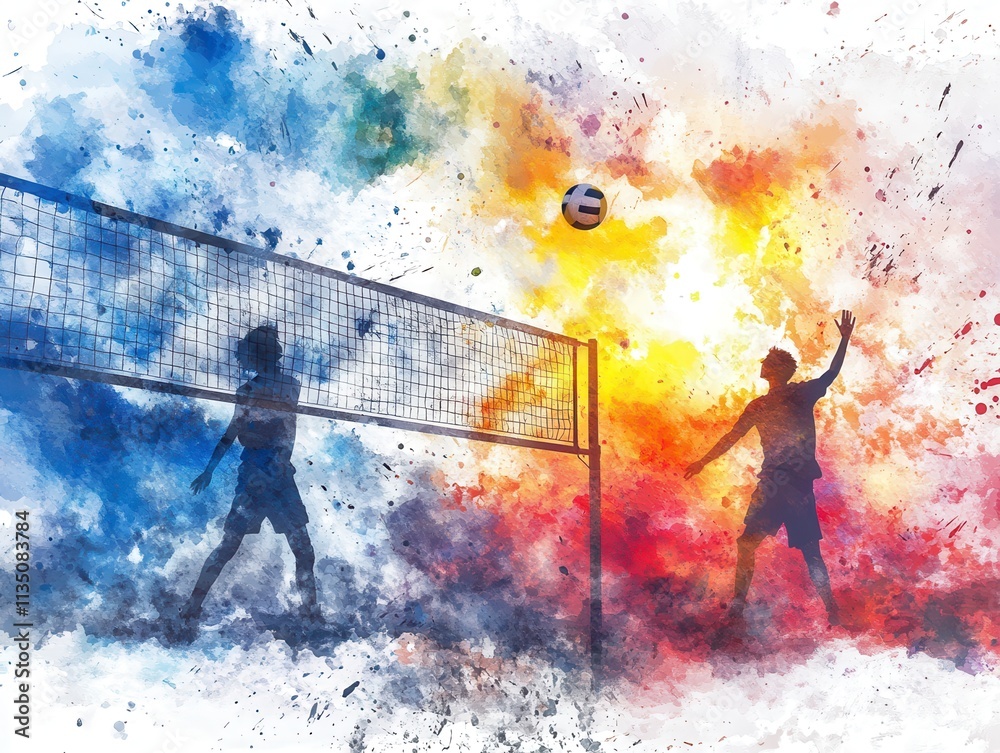 Naklejka premium A vibrant watercolor illustration of two players engaged in a spirited volleyball game, set against a colorful, dynamic background.