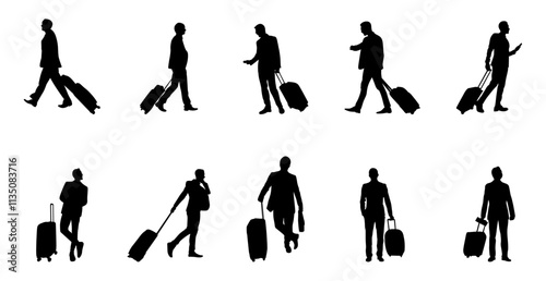 Travel collection set with suitcase silhouette vector. Vector black silhouette of suitcase man traveler