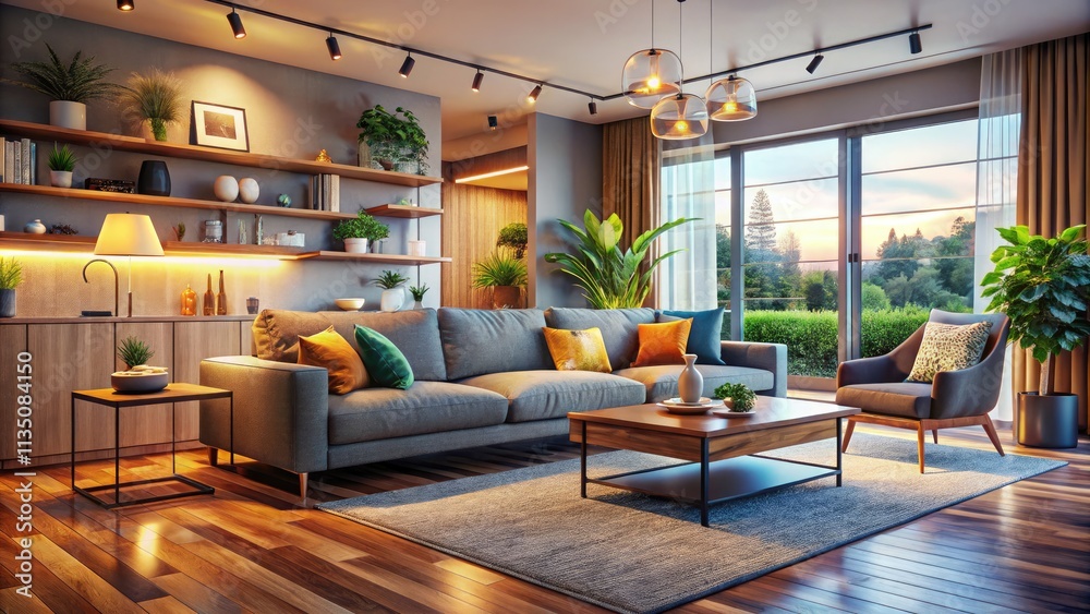 Realistic 3D model of a modern, empty living room; perfect for interior design presentations.