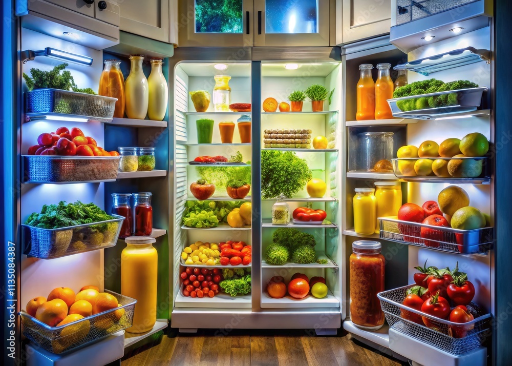 Organized grocery, fresh food, and beverage storage in a stylish Night Kitchen fridge, brilliantly lit for culinary photography. Organized grocery, fresh food, and beverage storage in a stylish Night Kitchen fridge, brilliantly lit for culinary photography.