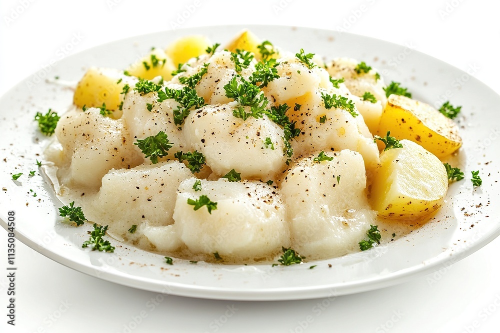 A serving of lutefisk (traditional Nordic dish) with potatoes, white sauce, and garnished with parsley. A serving of lutefisk (traditional Nordic dish) with potatoes, white sauce, and garnished with parsley.