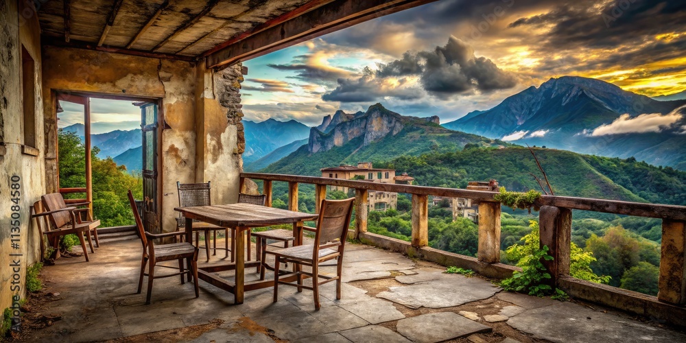 Mountain View's abandoned patio: decaying furniture, scenic landscape, a poignant urban exploration photo. Mountain View's abandoned patio: decaying furniture, scenic landscape, a poignant urban exploration photo.