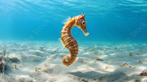 Spiny Seahorse swimming in long grass the seahorse swimming underwater clear ocean water Short-snouted Seahorse, Generative AI