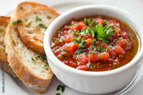 A bowl of Bulgarian lyutenitsa (tomato and pepper spread) garnished with olive oil and parsley. photo