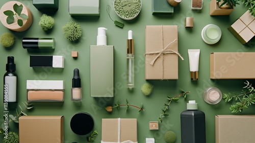 Assorted cruelty-free cosmetics neatly arranged on a green background. Features various beauty products in sustainable packaging. High-definition, with ample space.