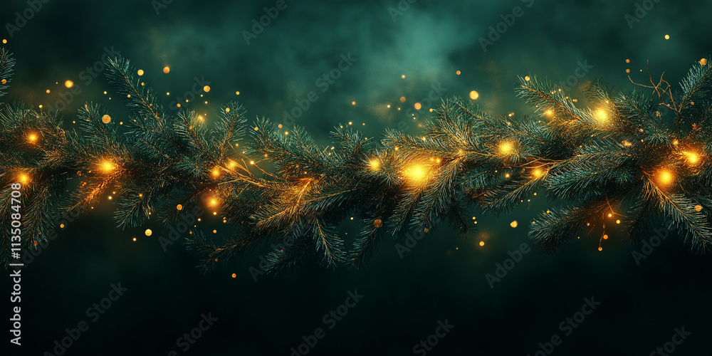 Naklejka premium Abstract minimalist Christmas background featuring golden lights on evergreen branches against a dark, moody backdrop
