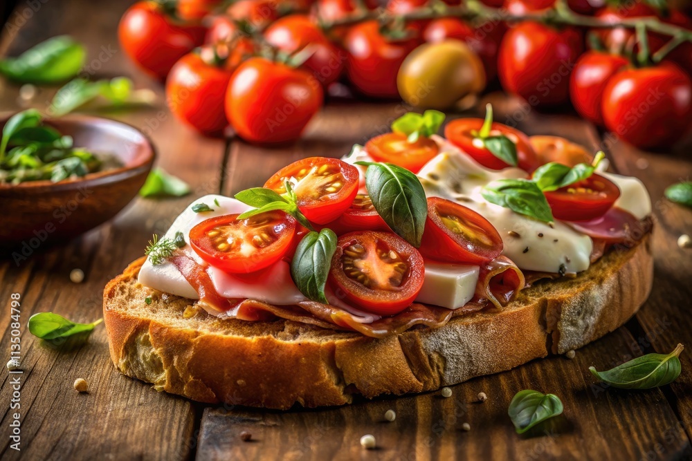 Macro lens captures juicy prosciutto, melted mozzarella, and ripe tomato sandwich. Macro lens captures juicy prosciutto, melted mozzarella, and ripe tomato sandwich.