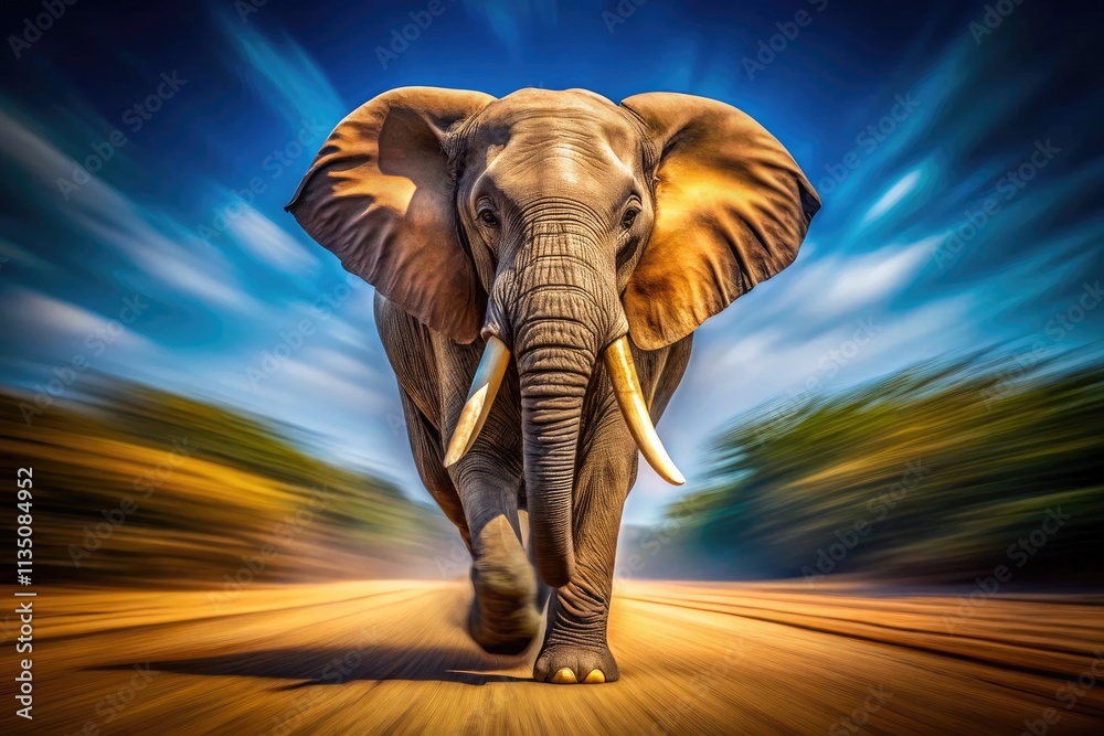 Fototapeta premium Long exposure wildlife photography: a charging elephant's furious energy frozen in time. PNG.