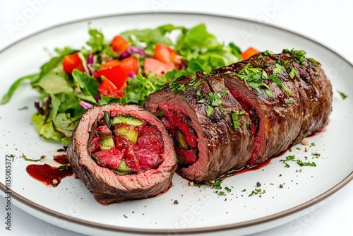 A plate of Argentine matambre (stuffed beef roll) sliced to reveal vibrant filling. photo