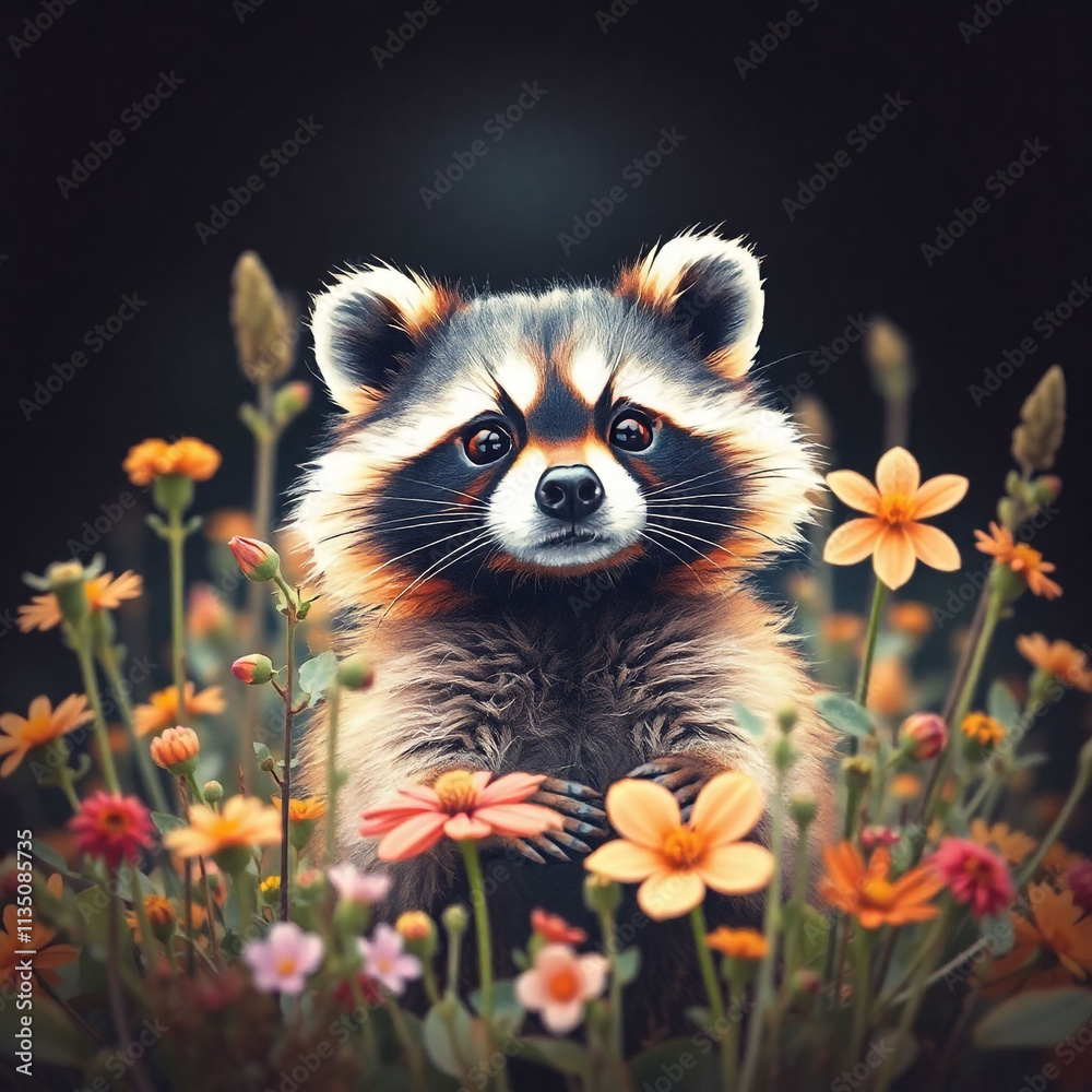 Obraz premium Adorable watercolor illustration of a cute raccoon surrounded by flowers and plants, perfect for children's designs and nature themes.