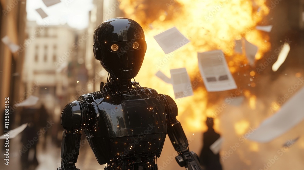 A shiny black robot with glowing eyes stands in the middle of a city street, surrounded by flying papers and an intense explosion in the background, creating a dramatic scene of chaos and destruction
