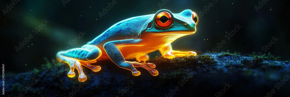 Obraz premium A glowing habitat restoration icon featuring a glowing tree frog, representing online conservation platforms focused on ecological recovery. 