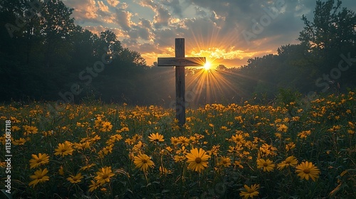 Rustic Wooden Cross Standing in Peaceful Meadow at Sunrise Light Rays Breaking Through Clouds Symbol of Hope and Renewal