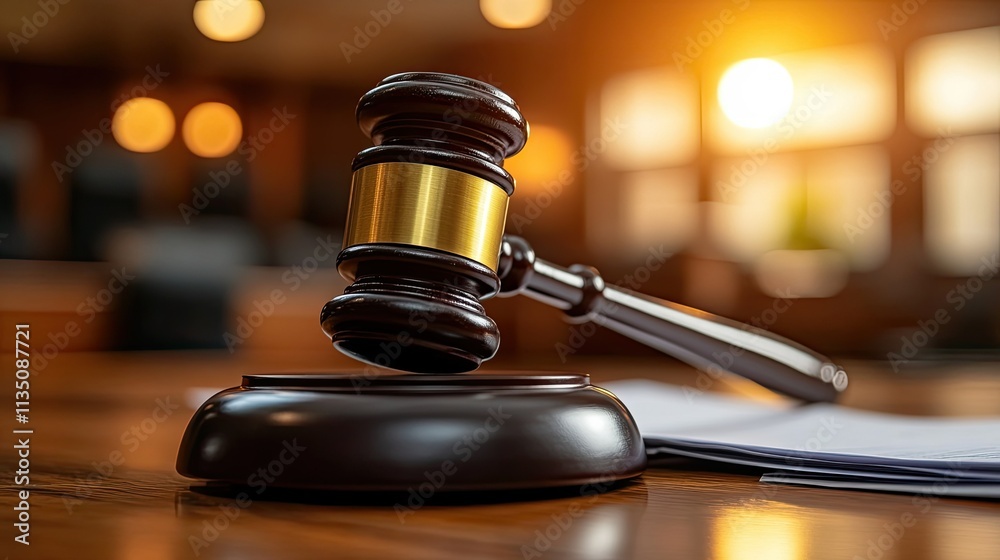 Gavel on Wooden Table in Courtroom Setting Gavel on Wooden Table in Courtroom Setting
