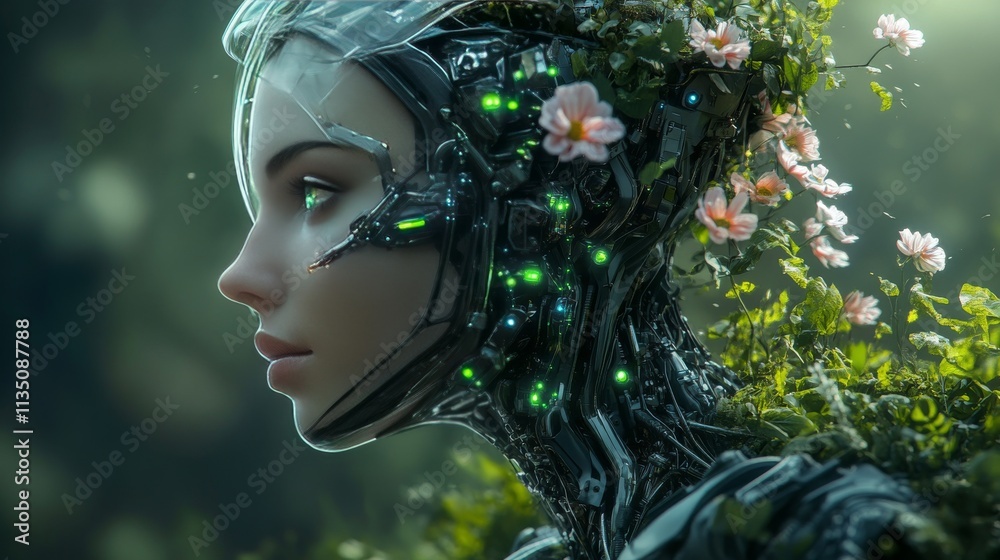A highly detailed close-up of a futuristic female cyborg with green lights and flowers integrated into her design. The fusion of technology and nature creates a serene yet futuristic atmosphere, ideal A highly detailed close-up of a futuristic female cyborg with green lights and flowers integrated into her design. The fusion of technology and nature creates a serene yet futuristic atmosphere, ideal